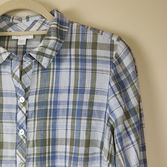 J. Jill Love Linen Roll Tab Sleeve Plaid Popover Tunic Blouse Top Size SP - Picture 3 of 11